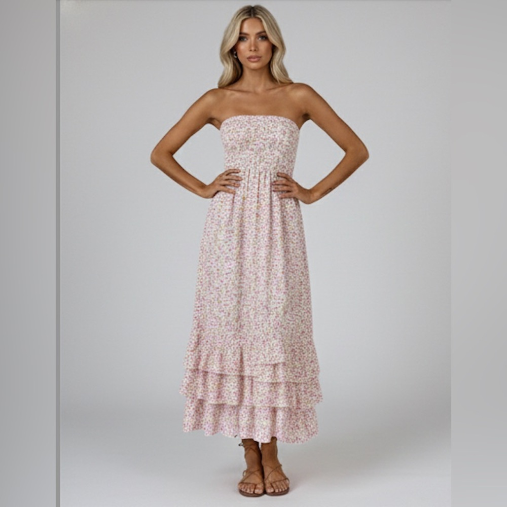 Floral Print Shirred Strapless Ruffle Hem Dress